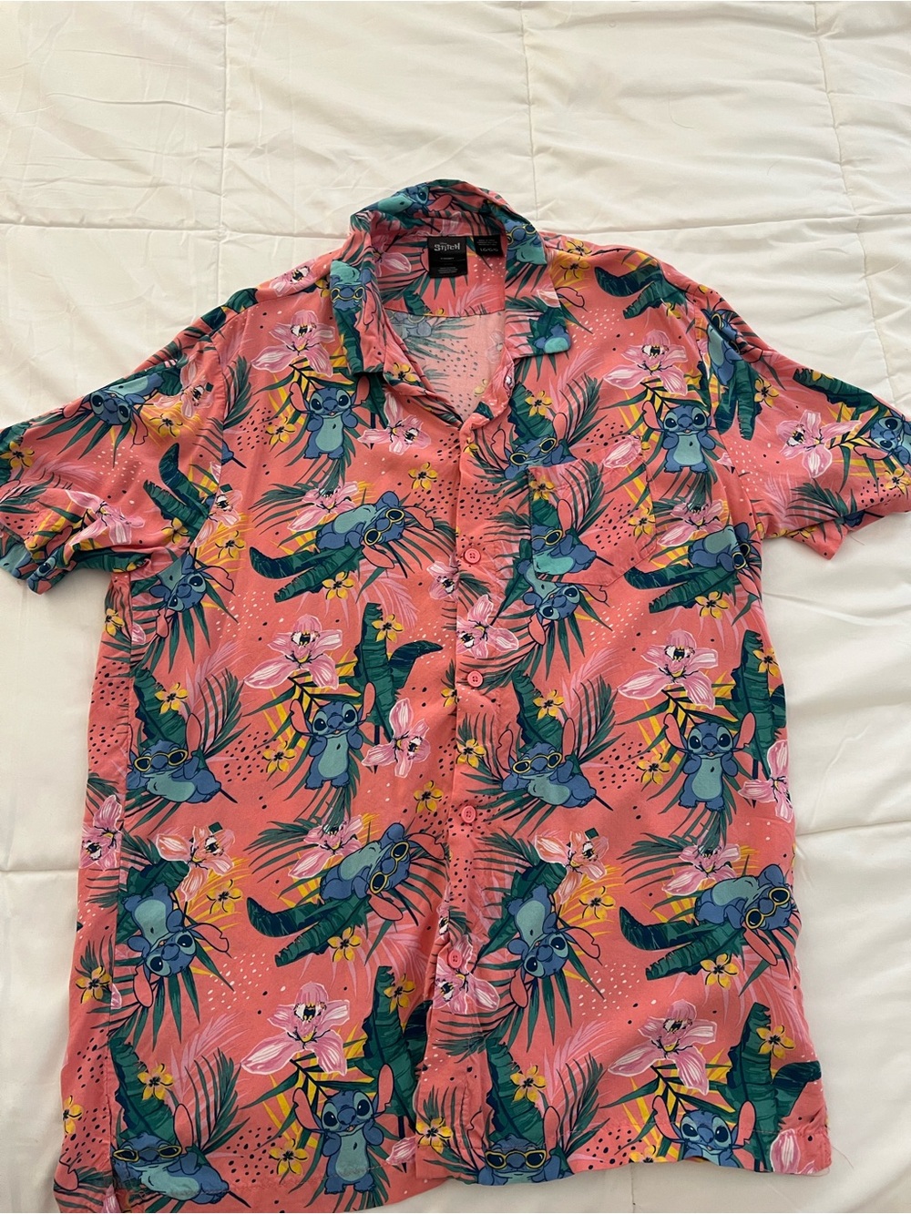 Disney Pink Hawaiian Stitch Button-Down Shirt with Tropical Print